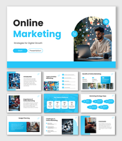 Online Marketing Presentation with blue theme, laptop user image, icons, shapes, charts and digital strategy slides.