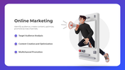 Illustration of a person stepping out of a mobile with a megaphone, alongside key online marketing focus areas.