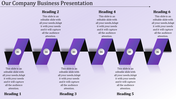 Six vertical purple ribbons with numbered circles and alternating black background shapes under headings.