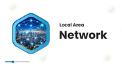 Network PowerPoint Template with city network connection graphic, blue hexagon shapes and clean white layout.