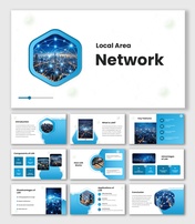Network PowerPoint Template with city network connection graphic, blue hexagon shapes and clean white layout.