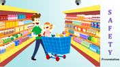 Father and daughter in a supermarket cart, with shelves full of products, accompanied by a security camera in the corner.