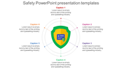 Safety-themed infographic with a central shield icon and six captions arranged in a circular layout around it.