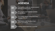 Agenda slide with gray arrow markers and a background of team discussion in an office in a dark theme.