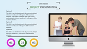 Team project slide featuring a computer screen showing three people collaborating and colorful numbered circles below.