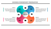 A colorful circular business process PowerPoint template with four numbered sections and captions for each step.