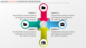 A business PowerPoint template featuring four arrows, each pointing to a section with icons and captions.