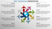 A technology slide featuring a globe with colorful planes around it, with captions.