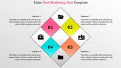 A colorful marketing plan template slide with four sections, each featuring an icon and captions.