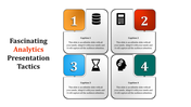 Analytics tactics slide with four numbered captions in orange, red, blue, and green, each paired with relevant icons.