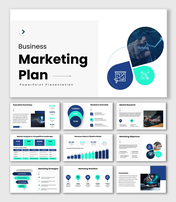 Business Marketing Plan slide with blue green shapes, charts, icons, and structured text sections.
