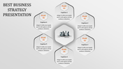 A business strategy presentation slide with nine plans and corresponding captions in hexagonal shapes.