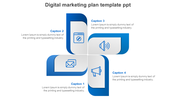 Digital marketing icons in four blue toned blocks forming a symmetrical layout with space for captions on each side.
