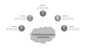 Gray themed slide with a central cloud shape with label, connected to five circular icons.
