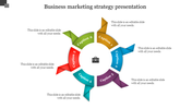 Circular business marketing strategy slide with six colorful ribbon like segments labeled 1 to 6.