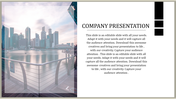 Company PPT slide features the city skyline with a dock railing in the foreground with a placeholder description.