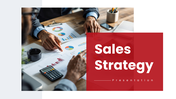 Sales Strategy Presentation with red theme, charts, pricing strategy, KPIs, timeline, and market analysis.