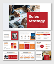 Sales Strategy Presentation with red theme, charts, pricing strategy, KPIs, timeline, and market analysis.
