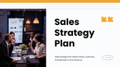 The sales strategy plan presentation with yellow theme, KPI charts, target icons, and business planning layouts.