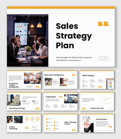 The sales strategy plan presentation with yellow theme, KPI charts, target icons, and business planning layouts.