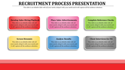 Six colorful rectangular boxes in red, pink, green, yellow, blue, and gray, each listing a recruitment process step.