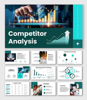 Competitor analysis slides, teal theme, charts, graphs, SWOT, icons, shapes, structured text boxes.