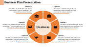 Business plan PowerPoint slide with circular sections and icons representing business concepts with captions.