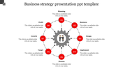Business strategy PowerPoint template with a numbered red eight step circular gear diagram with placeholder text.