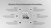 Business process slide with six captions around a central image of three 3D figures holding briefcases in a dotted circle.