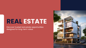 Modern real estate presentation with red and navy theme, property visuals, pricing slides, and expert sections.