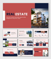 Modern real estate presentation with red and navy theme, property visuals, pricing slides, and expert sections.