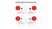 Four part infographic layout with circular steps, red highlights, and icons for head, briefcase, target, and bar graph.