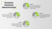 Business strategy slide with four steps, each represented by an icon such as a graph, lightbulb, handshake, and clock.