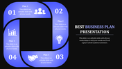 Blue square shaped circular infographic with four segments labeled 01 to 04, featuring icons and text.