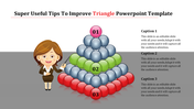 Illustrated businesswoman pointing to a 3D sphere pyramid in three tiers in red, green, and pink, with step captions.