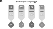SWOT analysis PPT template featuring sections for Strength, Weakness, Opportunity, and Threats, with grey colored icons.