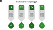Business SWOT slide with four gray vertical panel, each featuring a bold green letter section titles, and green icons below. 