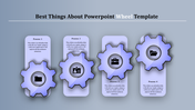 Slide with four purple gear icons, each paired with process labels and text, aligned vertically on a gradient background.