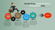 Business themed slide showing colorful gears, a businessman in motion, and an output arrow on the right.