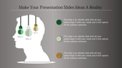 Silhouette head with three hanging light bulbs labeled idea 1, idea 2, and idea 3, each containing brain illustrations.