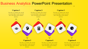A PPT slide showcasing a business analytics theme with icons for analysis, data, and insights, surrounded by six captions.