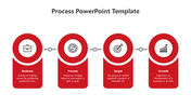 Red process flow diagram with four circular icons linked by gray connectors, representing business stages.