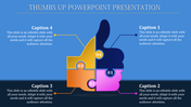 Thumbs up PPT slide with four sections representing various concepts, each section labeled with captions on a blue theme.