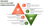 PowerPoint template featuring colorful triangular sections with educational icons and captions, highlighting key topics.