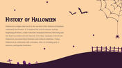 Halloween slide with a spider web, flying bats, and a fence in a purple graveyard setting, all set on a light beige backdrop.