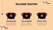 Illustration of three bubbling cauldrons on a light orange background, with flying bats and a hanging spider.