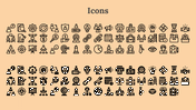 Monochrome icons in a grid, arranged symmetrically with outlined and filled styles, placed on a light peach background.