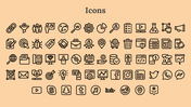 Set of monochrome icons on a peach background, arranged in a structured grid with themes like social media and business.