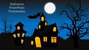 Halloween background with haunted houses, skeletons, a graveyard, and a bat, placed in a dark background.