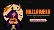 Halloween PPT with dark purple theme, skull hand, pumpkins, bats, charts, icons, shapes, and clean layouts for insights.